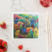 ウォーターカラーヒルサイドビレッジウィズハカラフルウス スタンダードカクテルナプキン (インサイチュ)