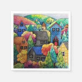 ウォーターカラーヒルサイドビレッジウィズハカラフルウス スタンダードカクテルナプキン