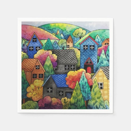 ウォーターカラーヒルサイドビレッジウィズハカラフルウス スタンダードカクテルナプキン (正面)