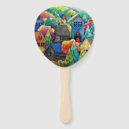 ウォーターカラーヒルサイドビレッジウィズハカラフルウス ハンドファン