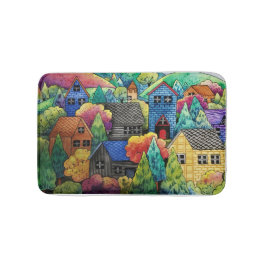 ウォーターカラーヒルサイドビレッジウィズハカラフルウス バスマット