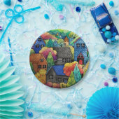 ウォーターカラーヒルサイドビレッジウィズハカラフルウス ペーパープレート (パーティー)