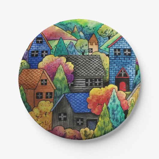 ウォーターカラーヒルサイドビレッジウィズハカラフルウス ペーパープレート (正面)