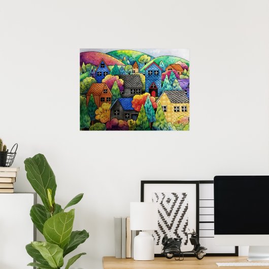 ウォーターカラーヒルサイドビレッジウィズハカラフルウス ポスター (ホームオフィス)