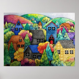 ウォーターカラーヒルサイドビレッジウィズハカラフルウス ポスター