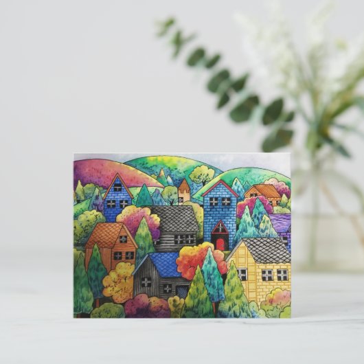 ウォーターカラーヒルサイドビレッジウィズハカラフルウス ポストカード (スタンド正面)