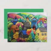 ウォーターカラーヒルサイドビレッジウィズハカラフルウス ポストカード (正面/裏面)
