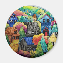 ウォーターカラーヒルサイドビレッジウィズハカラフルウス マグネット