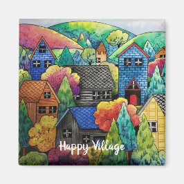 ウォーターカラーヒルサイドビレッジウィズハカラフルウス マグネット