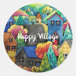 ウォーターカラーヒルサイドビレッジウィズハカラフルウス ラウンドシール