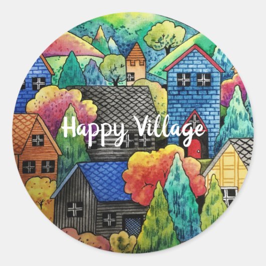 ウォーターカラーヒルサイドビレッジウィズハカラフルウス ラウンドシール (正面)