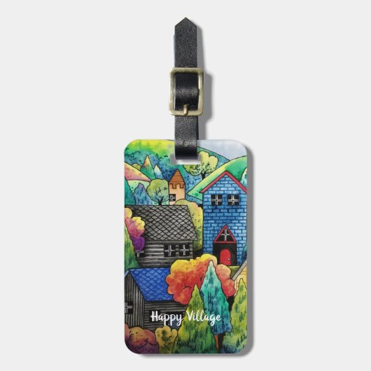 ウォーターカラーヒルサイドビレッジウィズハカラフルウス ラゲッジタグ (正面縦)