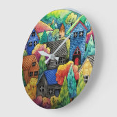 ウォーターカラーヒルサイドビレッジウィズハカラフルウス ラージ壁時計 (傾斜)