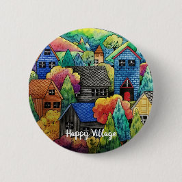 ウォーターカラーヒルサイドビレッジウィズハカラフルウス 缶バッジ