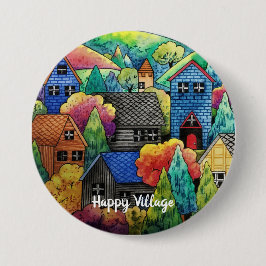 ウォーターカラーヒルサイドビレッジウィズハカラフルウス 缶バッジ