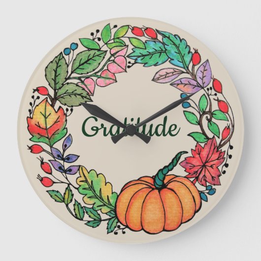 ウォーターカラービューティフルパンプキンリース葉ウィズ ラージ壁時計 (正面)