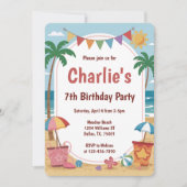 ウォーターカラービーチパーティーの子供の誕生日パーティー 招待状 (正面)