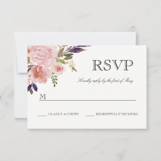 ウォーターカラーピオニーピンクパープルRSVP 出欠カード (正面)