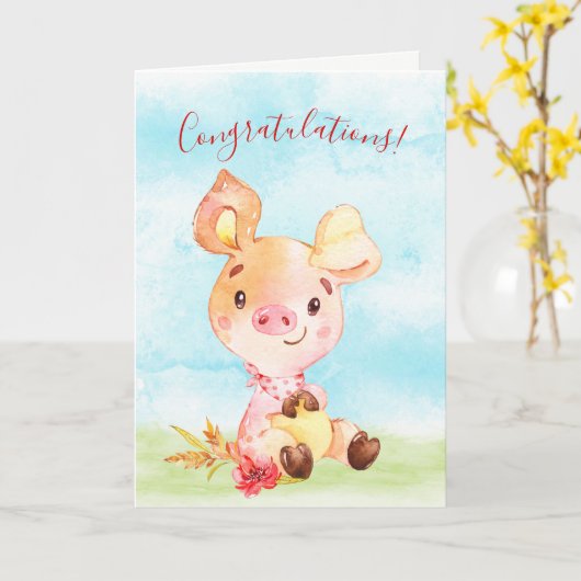ウォーターカラーピギーファームおめでとう カード (黄色い花)