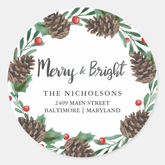 ウォーターカラーピネコンリースホリデー差出人住所 ラウンドシール (正面)