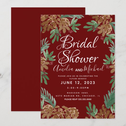 ウォーターカラーピネコーンブルゴーニュブライダルシャワー 招待状 (正面/裏面)