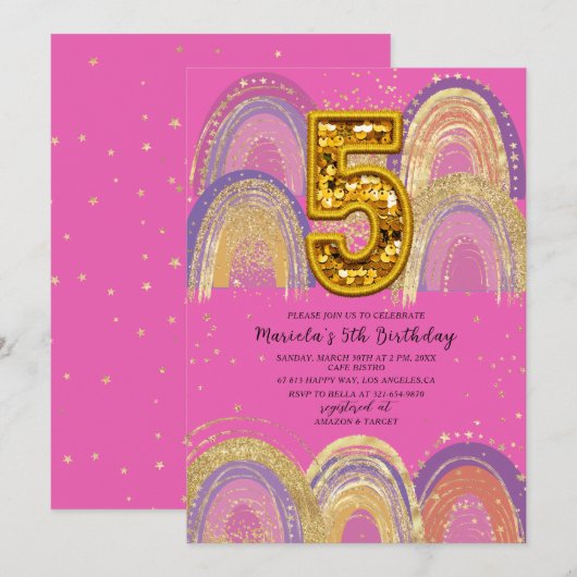 ウォーターカラーピンクとゴールドの星 誕生日パーティー 招待状 (正面/裏面)