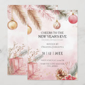 ウォーターカラーピンクの新年カウントダウンパーティー 招待状 (正面/裏面)