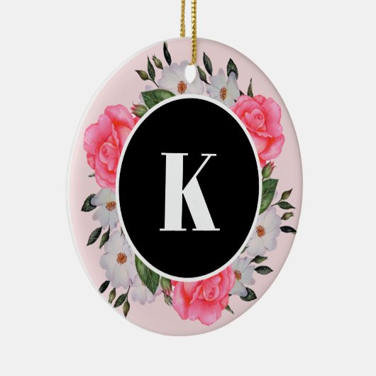 ウォーターカラーピンクアンドホワイトローズリースサークル セラミックオーナメント (右)