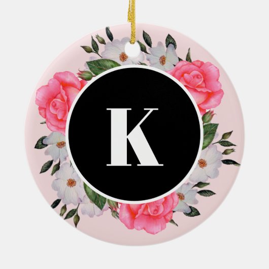 ウォーターカラーピンクアンドホワイトローズリースサークル セラミックオーナメント (裏面)