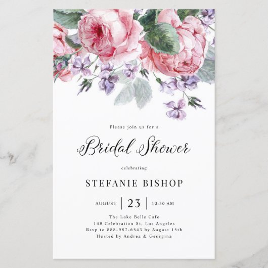ウォーターカラーピンクガーデンバラブライダルシャワー招待状 (正面)