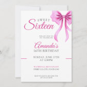 ウォーターカラーピンクコケットボウスウィート16誕生日 招待状 (正面)