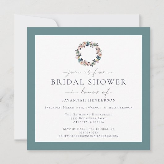 ウォーターカラーピンクセージグリーンリースブライダルシャワー 招待状 (正面)