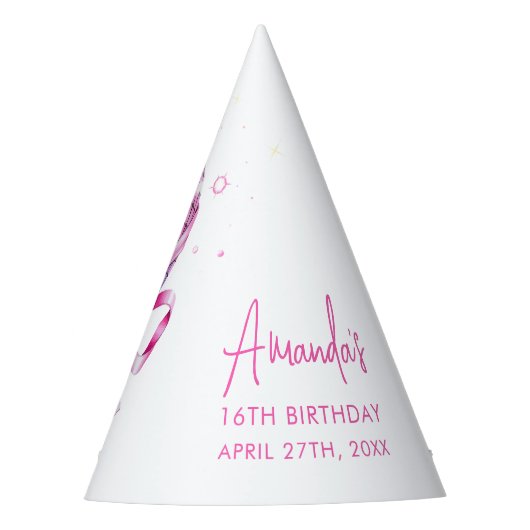 ウォーターカラーピンクディスココケットスイーツ16誕生日 パーティーハット (正面)