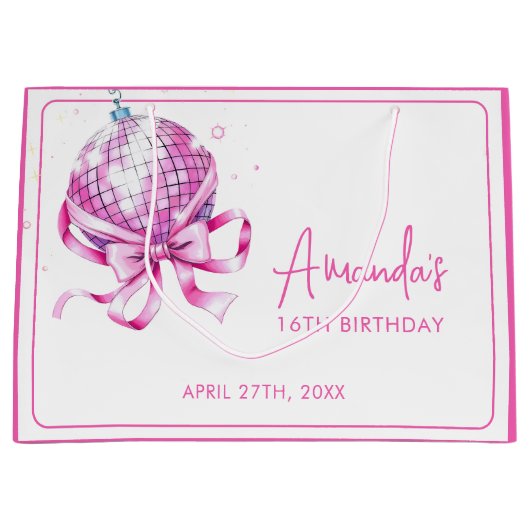 ウォーターカラーピンクディスココケットスイーツ16誕生日 ラージペーパーバッグ (正面)
