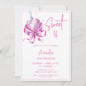 ウォーターカラーピンクディスココケットスイーツ16誕生日 招待状 (正面)