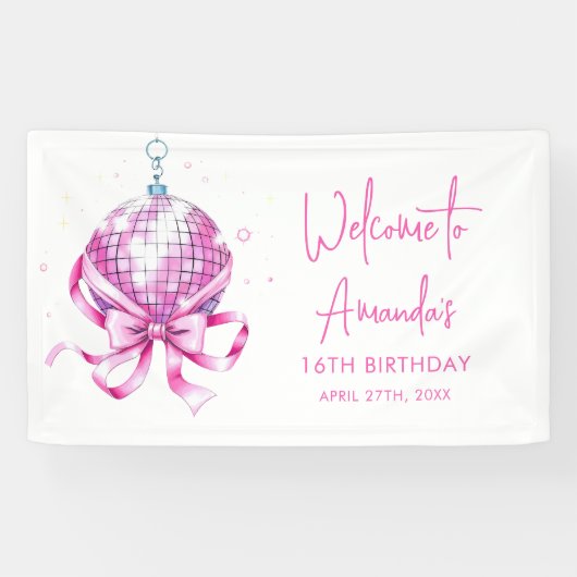 ウォーターカラーピンクディスココケットスイーツ16誕生日 横断幕 (横)