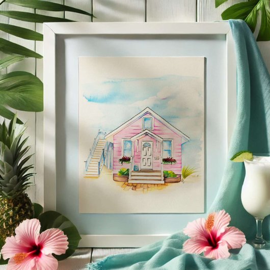 ウォーターカラーピンクハウスポートレート ポスター