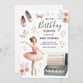 ウォーターカラーピンクバレリーナ子供の誕生日招待状 招待状 (正面/裏面)