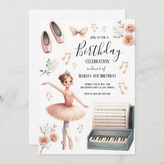 ウォーターカラーピンクバレリーナ子供の誕生日招待状 招待状 (正面/裏面)
