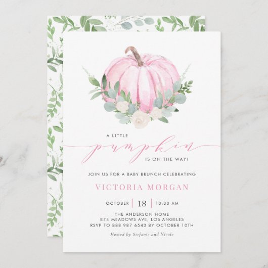 ウォーターカラーピンクパンプキンオータムベビーブランチ 招待状 (正面/裏面)