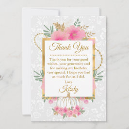 ウォーターカラーピンクパンプキンフラワーズゴールドフォイル誕生日 サンキューカード