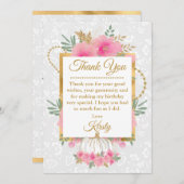ウォーターカラーピンクパンプキンフラワーズゴールドフォイル誕生日 サンキューカード (正面/裏面)