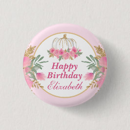 ウォーターカラーピンクパンプキン金ゴールドハッピーバースデー 缶バッジ