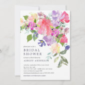 ウォーターカラーピンクパープルフローラブライダルシャワー 招待状 (正面)
