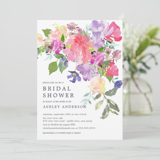 ウォーターカラーピンクパープルフローラブライダルシャワー 招待状 (スタンド正面)