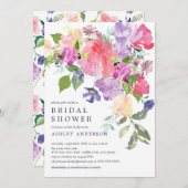 ウォーターカラーピンクパープルフローラブライダルシャワー 招待状 (正面/裏面)