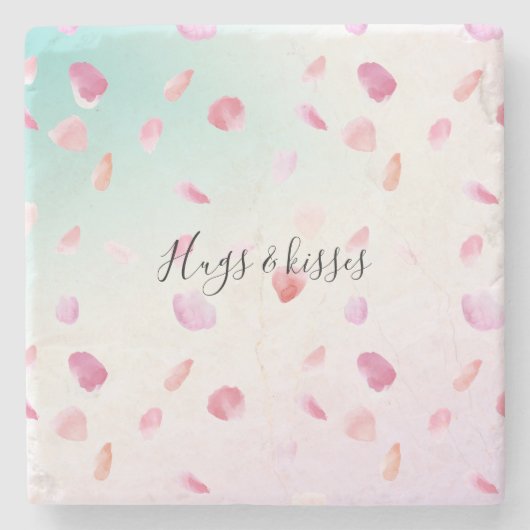 ウォーターカラーピンクピーチバラ花びらミントグラデーション ストーンコースター (正面)