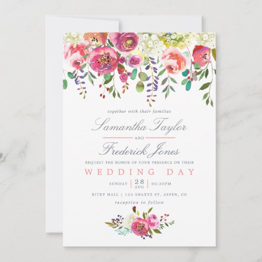 ウォーターカラーピンクピーチフローラ結婚式招待状 招待状 (正面)