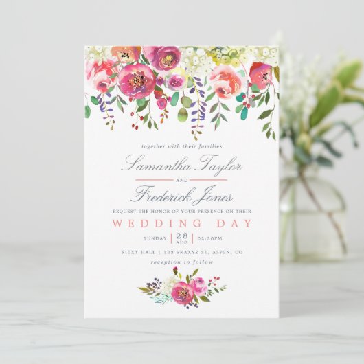 ウォーターカラーピンクピーチフローラ結婚式招待状 招待状 (スタンド正面)