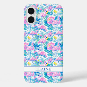 ウォーターカラーピンクフラミンゴモノグラム iPhone 16 PLUSケース